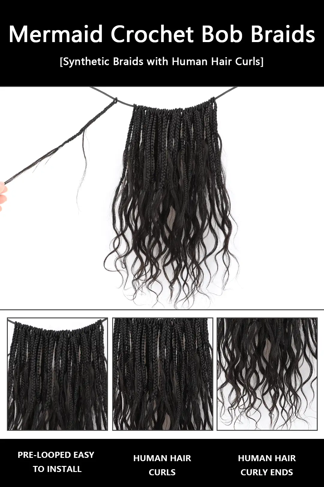 10 Inch Mermaid Crochet Bob Braids with Human Hair Curls BB03 - Image 6