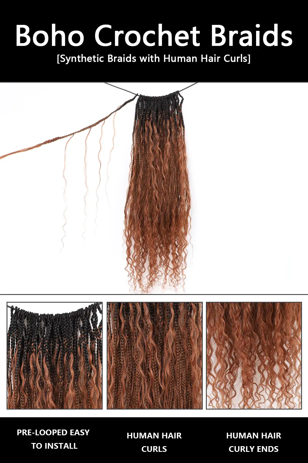 #1B/30 Two-tone Color Boho Crochet Braids with Human Hair Curls BB08 - Image 6