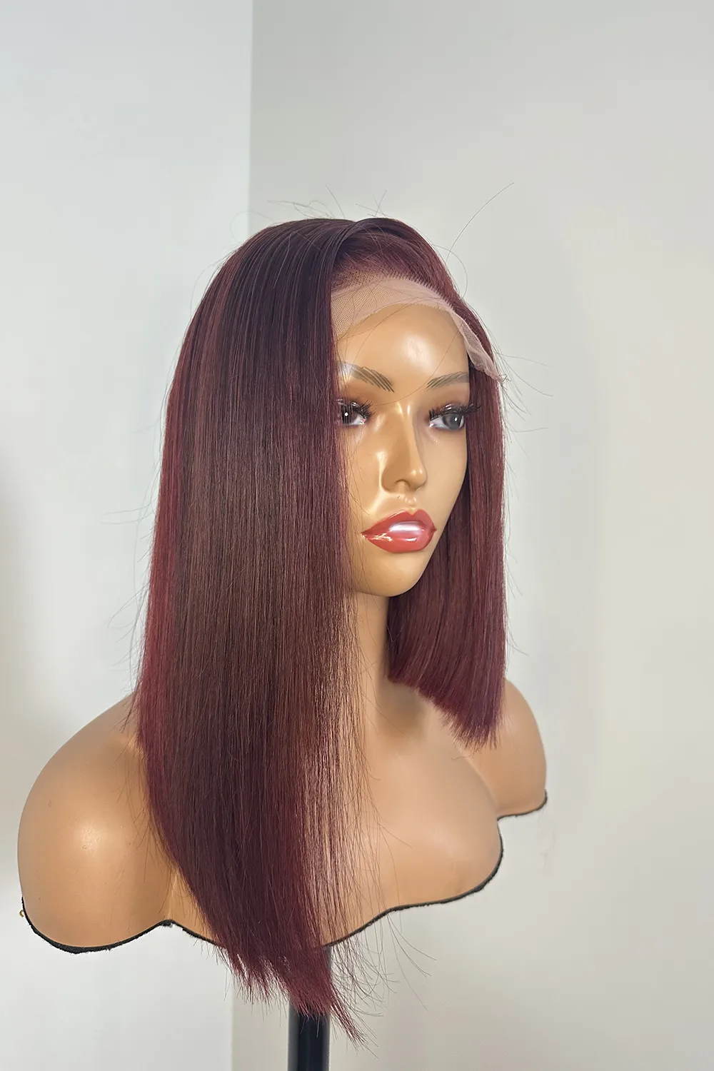 5x5 Closure 14 Inch Blunt Cut Burgundy Side Part Asymmetrical Bob - Image 3
