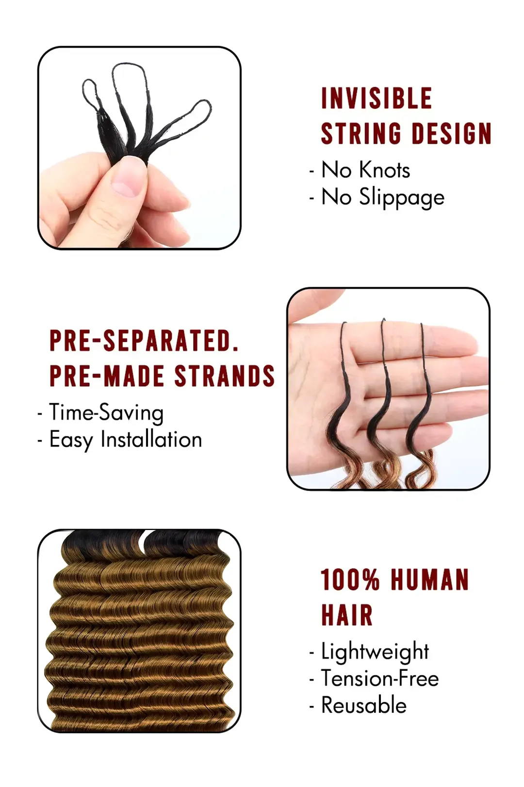 Auburn Brown Ombre Deep Wave Feather Crochet Hair - T1B/30 Human Hair - Image 6