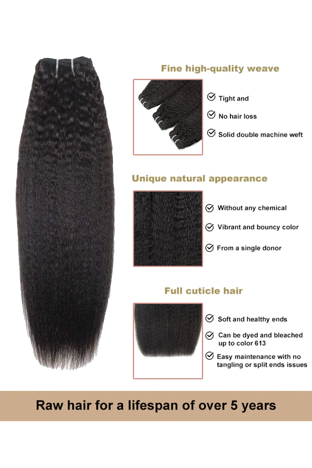 Cambodia Virgin Hair Bundles Sew in Extensions Kinky Straight - Image 6