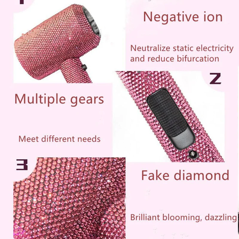Diamond Hair Dryer Glittering Crystal Blow Dryer Rhinestone Hair Tools - Image 4