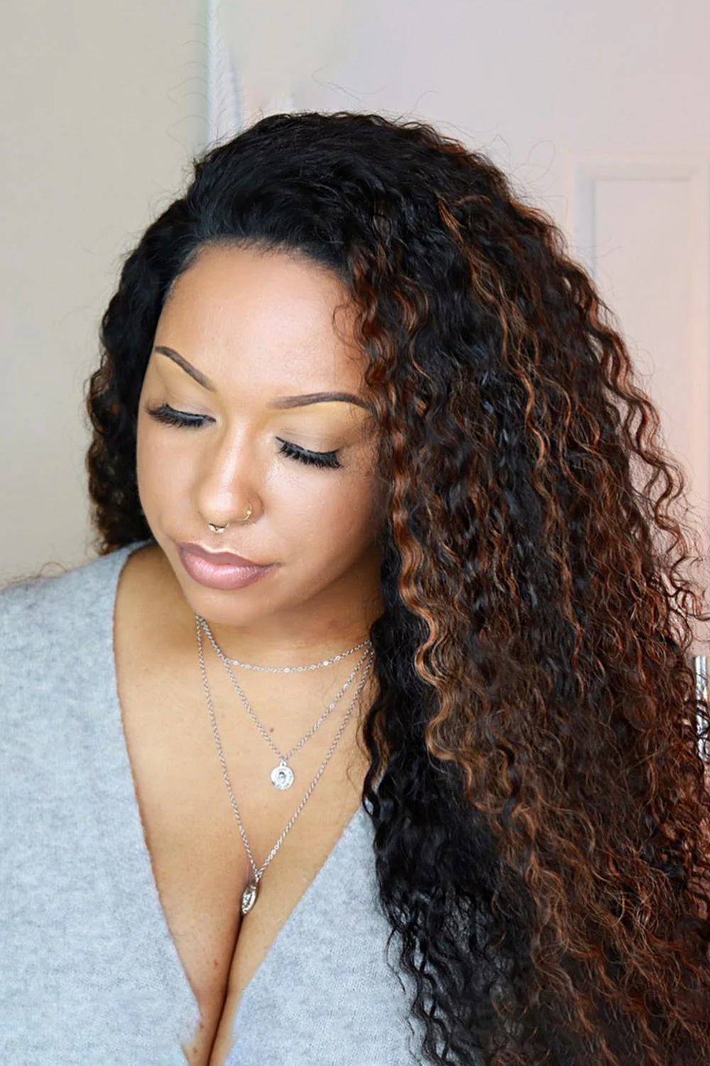 13x6 HD Lace Black Wig with Brown Highlights Water Wave-HD34 - Image 3