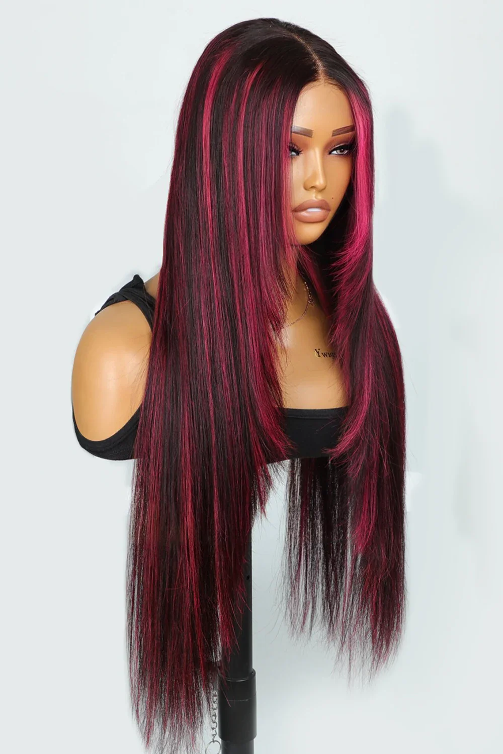 Layered Wolf Cut Burgundy Red Skunk Stripe Wig Glueless HD Lace Straight - Image 3