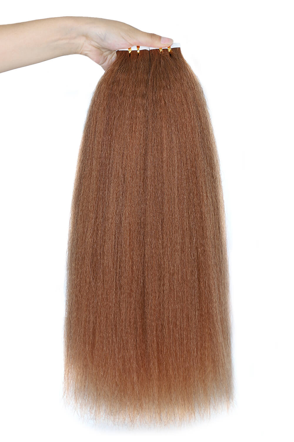 Tape-In Hair Extensions Auburn Brown Kinky Straight Human Hair - Image 2
